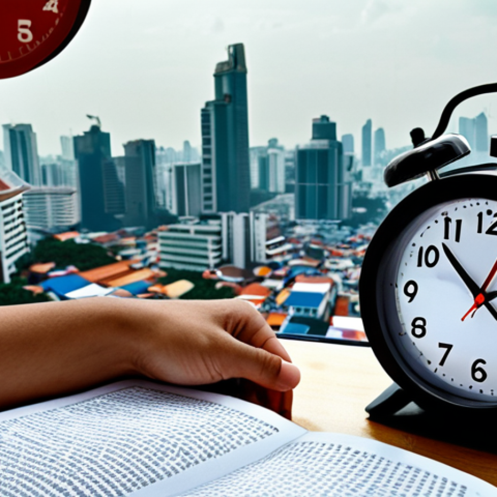 **Image Prompt:** A person studying intensely with a textbook and digital resources, highlighting laws, regulations, and logistic trends. A clock visualizes a Pomodoro timer, emphasizing focused study sessions, against a backdrop of Bangkok's skyline.